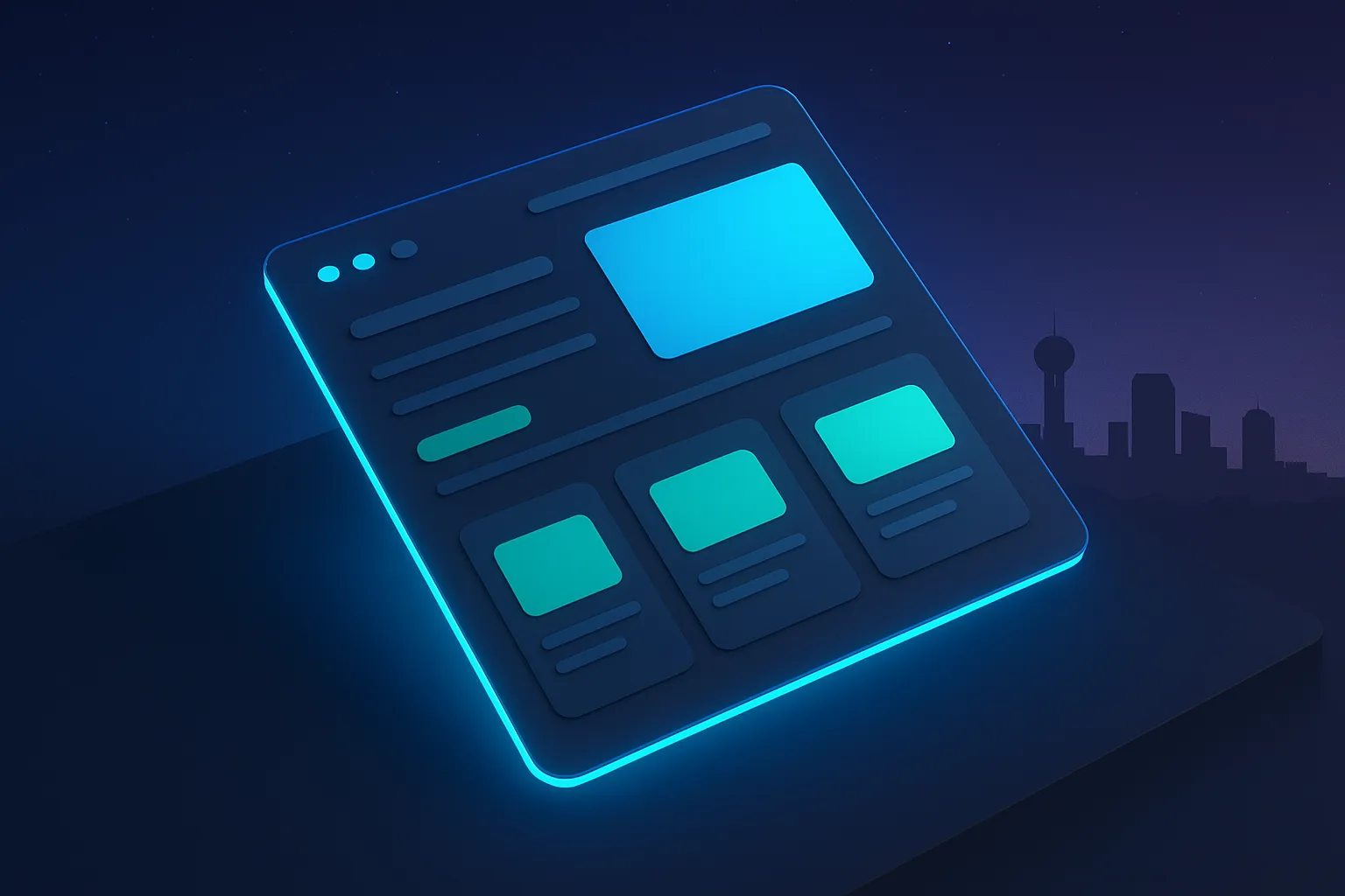 Dallas web design preview — isometric mockup of a custom modern website with the Dallas skyline silhouette in the background