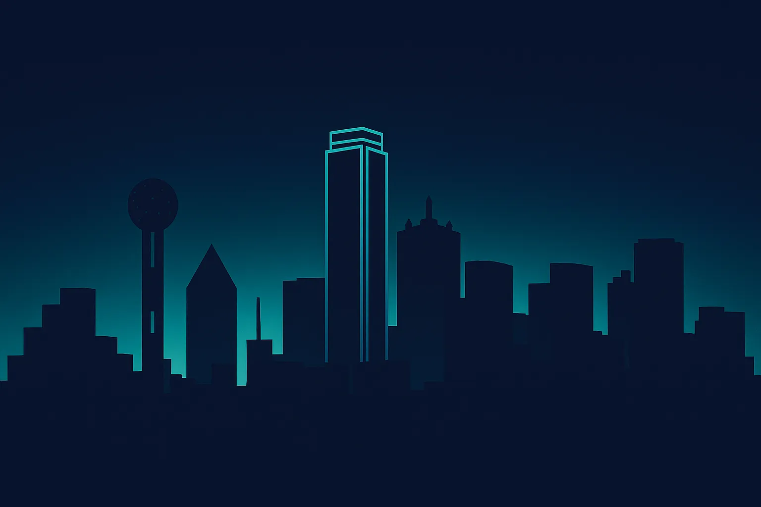 Stylized silhouette of the Dallas, Texas downtown skyline at night with Reunion Tower, Bank of America Plaza, and Fountain Place lit by a soft cyan glow