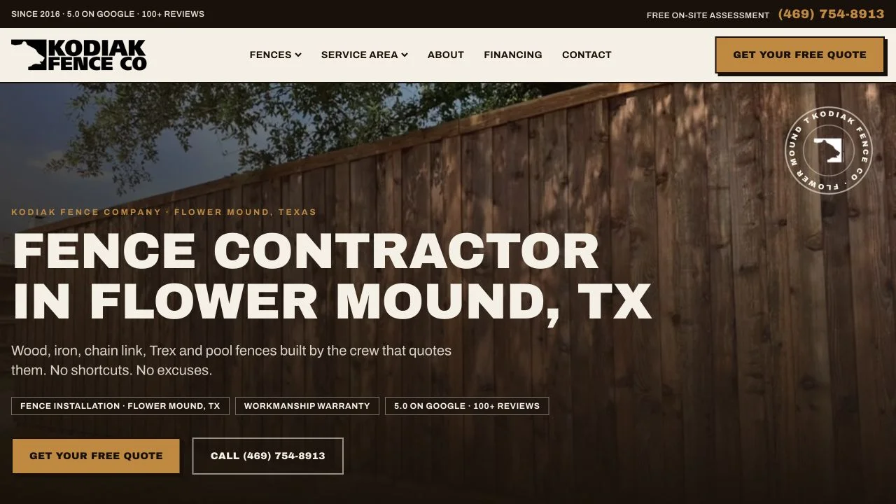 Live Kodiak Fence Company website homepage